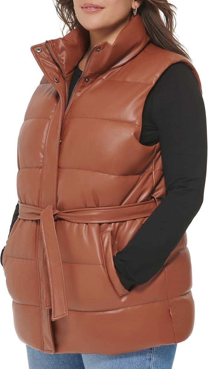imageLevis womens Vegan Leather Puffer VestCamel With Belt
