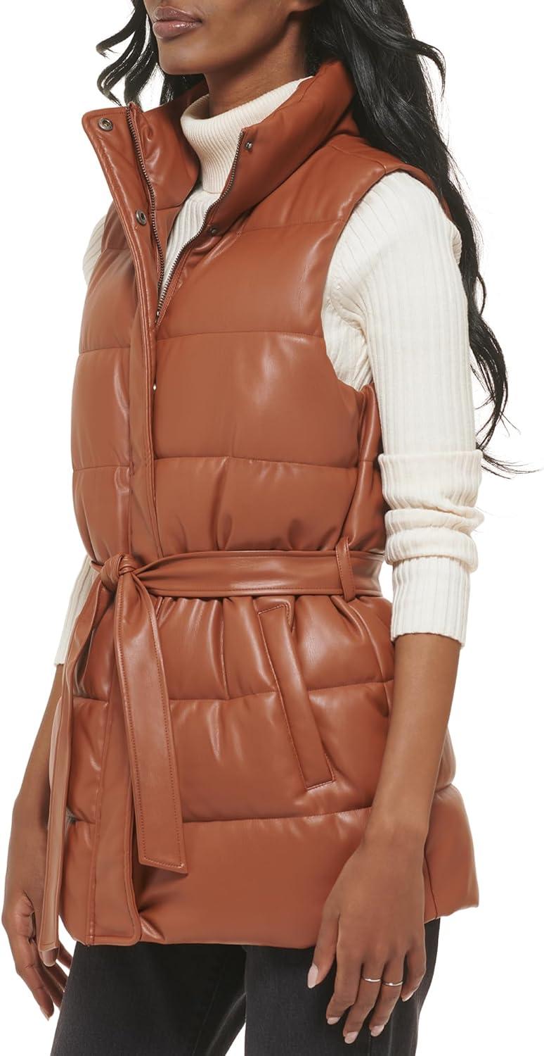 imageLevis womens Vegan Leather Puffer VestCamel With Belt