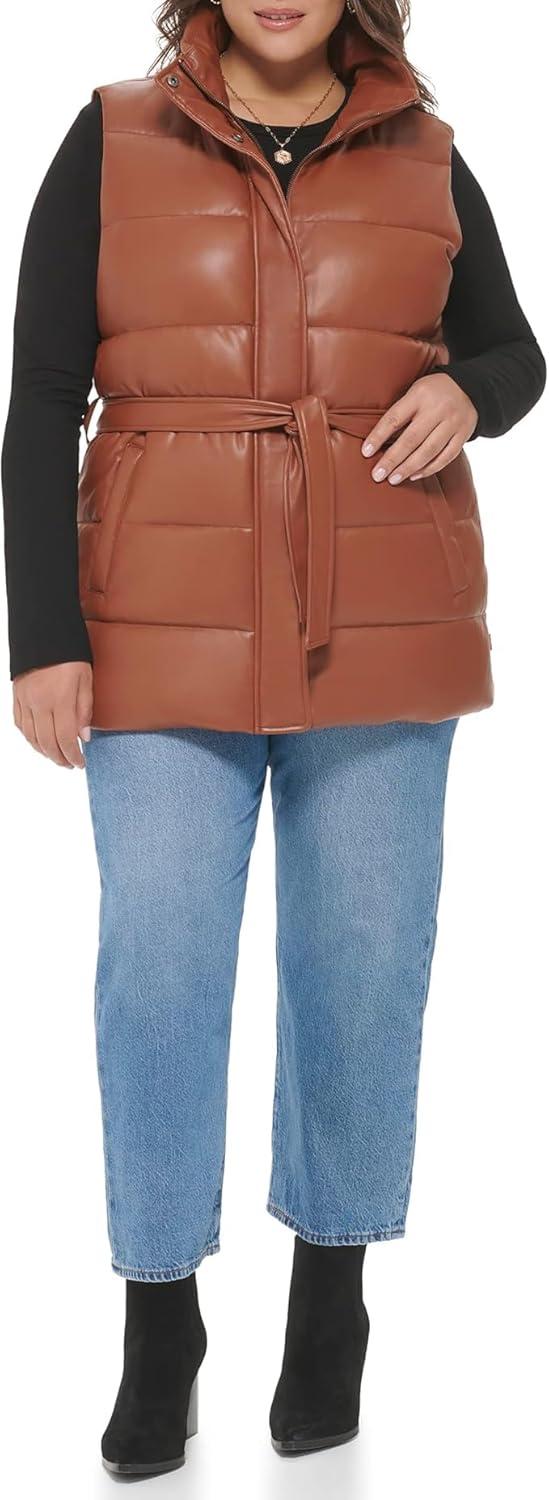 imageLevis womens Vegan Leather Puffer VestCamel With Belt
