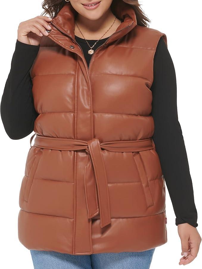 imageLevis womens Vegan Leather Puffer VestCamel With Belt