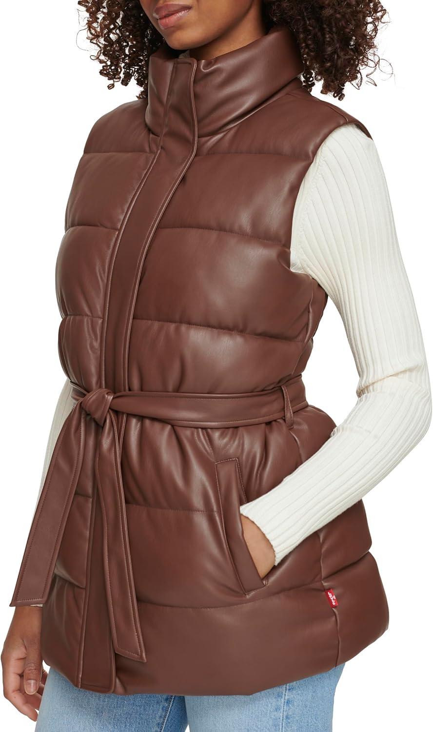 imageLevis womens Vegan Leather Puffer VestChocolate Brown With Belt