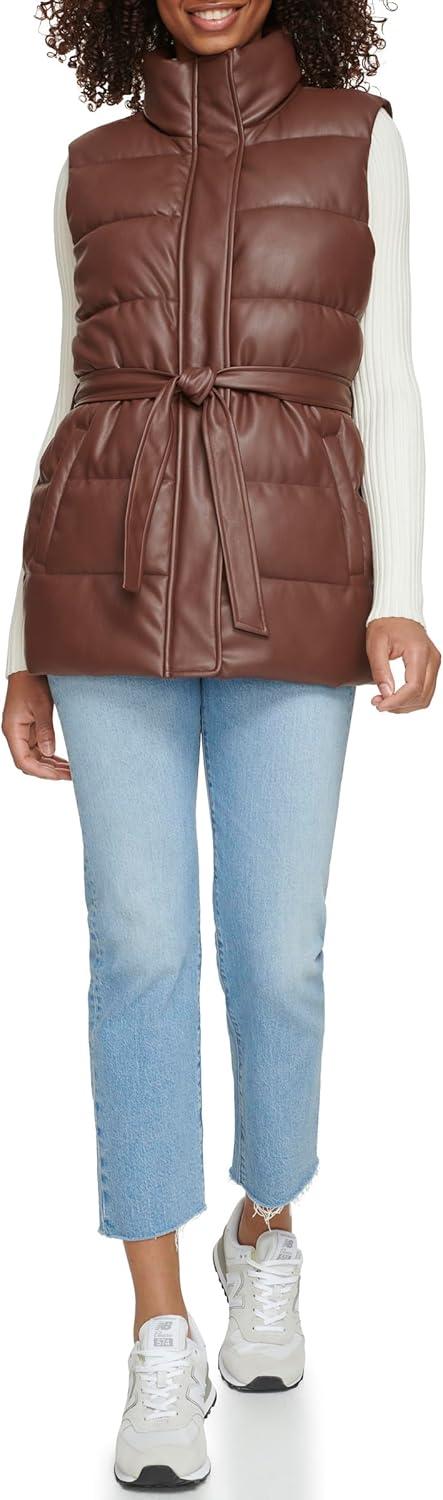 imageLevis womens Vegan Leather Puffer VestChocolate Brown With Belt