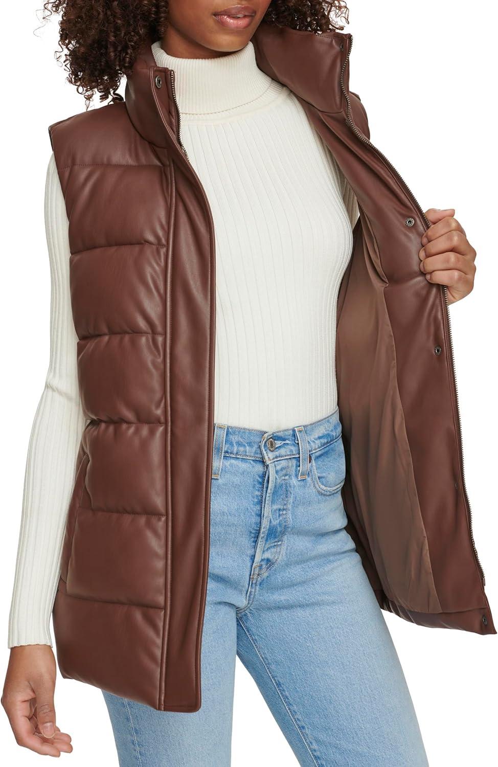 imageLevis womens Vegan Leather Puffer VestChocolate Brown With Belt