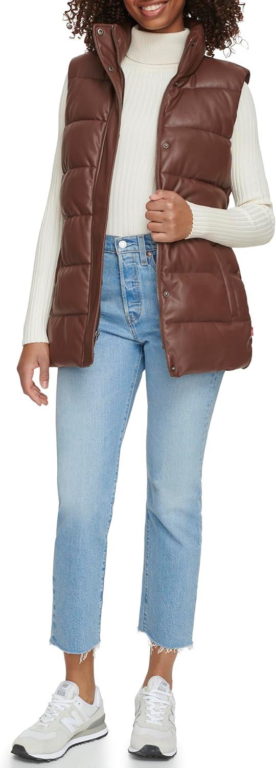 imageLevis womens Vegan Leather Puffer VestChocolate Brown With Belt