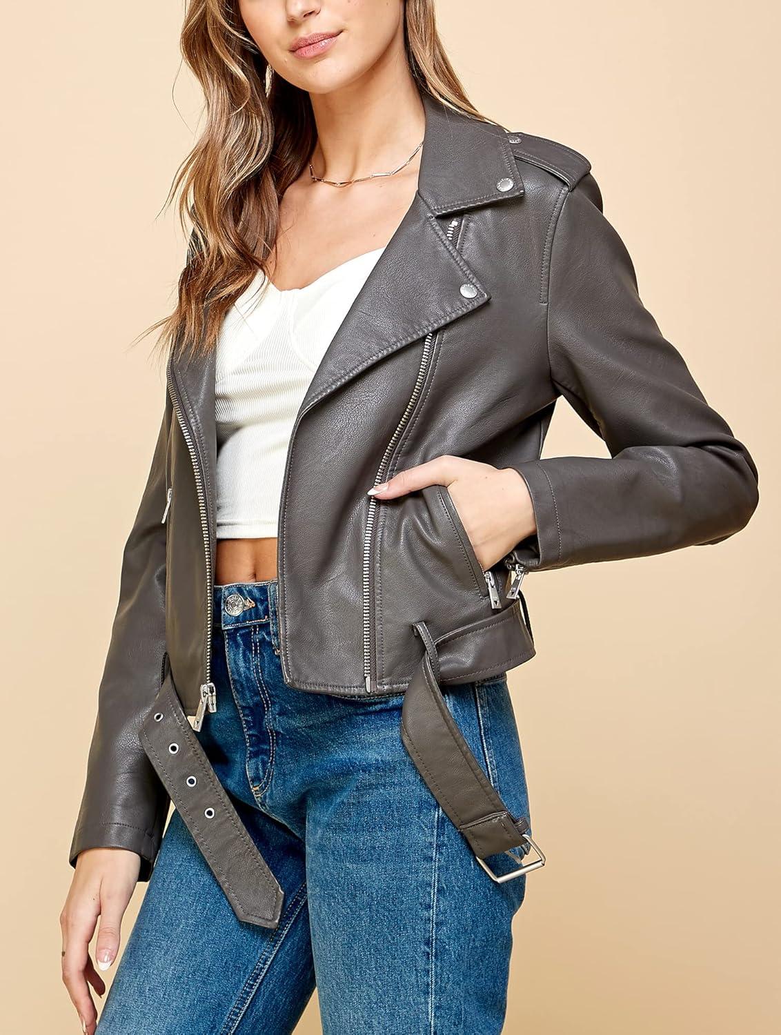 imageLock and Love Slim Fit Stylish Vegan Leather Moto Jacket for Women PU Biker Motorcycle CoatWjc1849grey