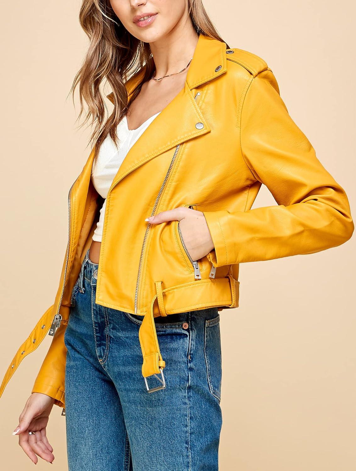 imageLock and Love Slim Fit Stylish Vegan Leather Moto Jacket for Women PU Biker Motorcycle CoatWjc1849mustard