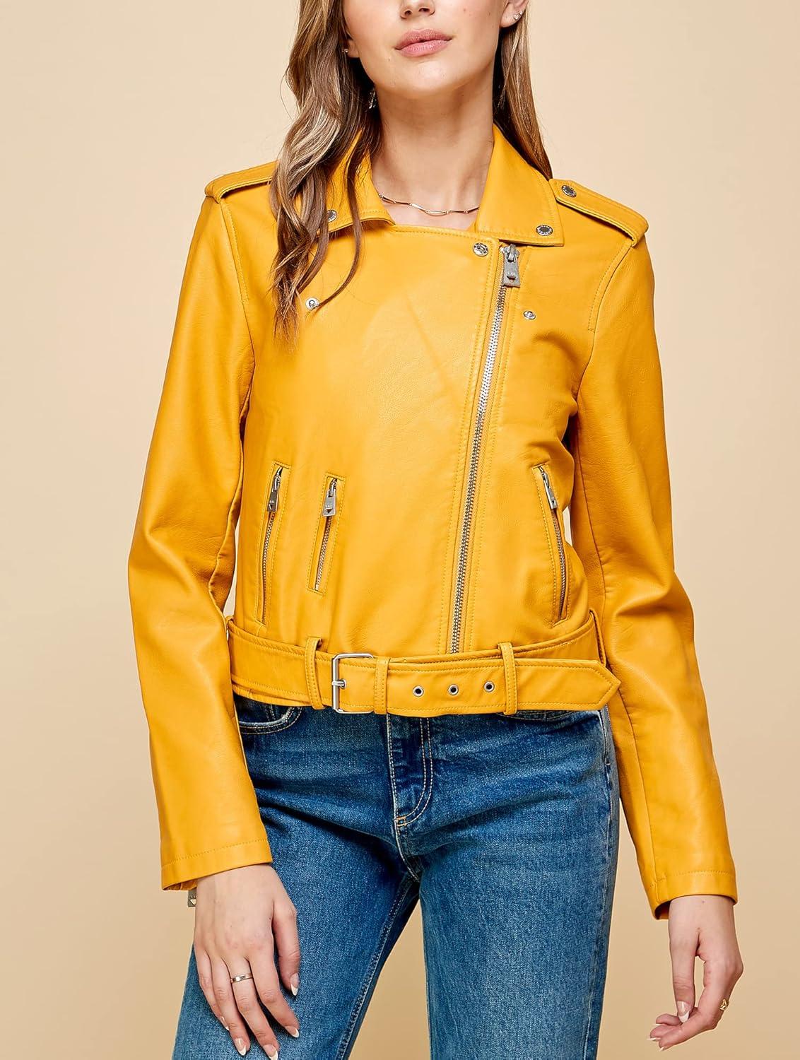 imageLock and Love Slim Fit Stylish Vegan Leather Moto Jacket for Women PU Biker Motorcycle CoatWjc1849mustard