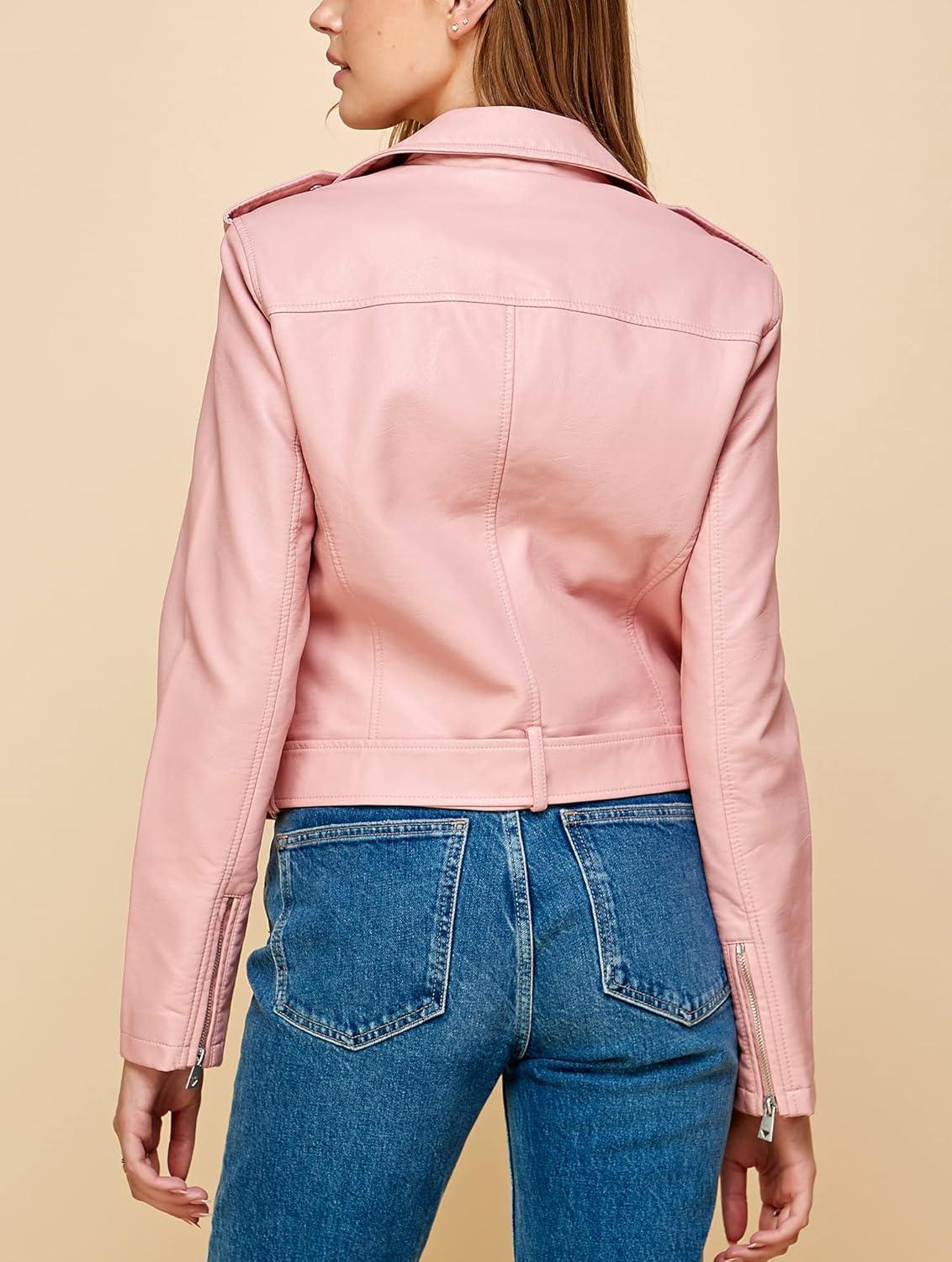 imageLock and Love Slim Fit Stylish Vegan Leather Moto Jacket for Women PU Biker Motorcycle CoatWjc1849pink