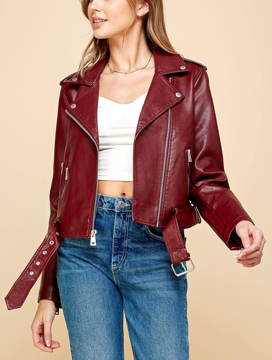 imageLock and Love Slim Fit Stylish Vegan Leather Moto Jacket for Women PU Biker Motorcycle CoatWjc1849wine