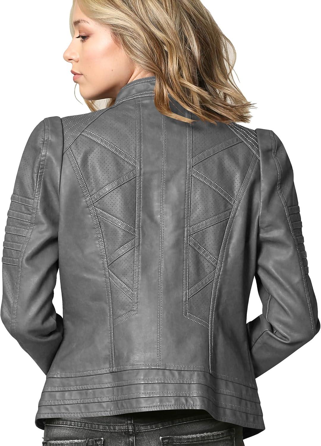 imageLock and Love Slim Fit Stylish Vegan Leather Moto Jacket for Women PU Biker Motorcycle CoatWjc746grey