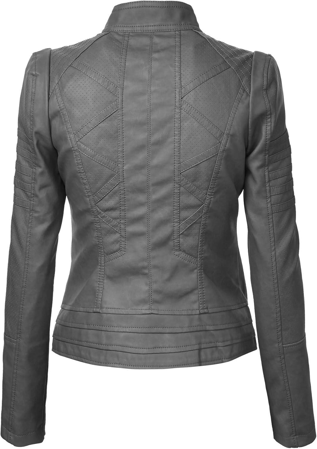 imageLock and Love Slim Fit Stylish Vegan Leather Moto Jacket for Women PU Biker Motorcycle CoatWjc746grey