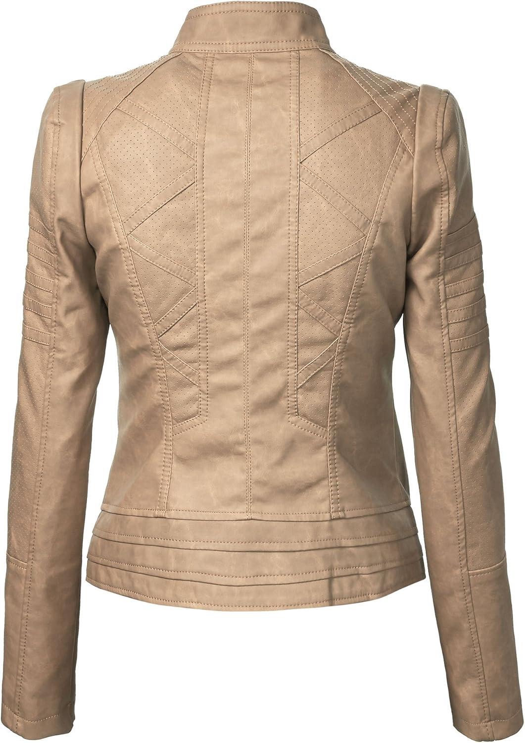 imageLock and Love Slim Fit Stylish Vegan Leather Moto Jacket for Women PU Biker Motorcycle CoatWjc746khaki