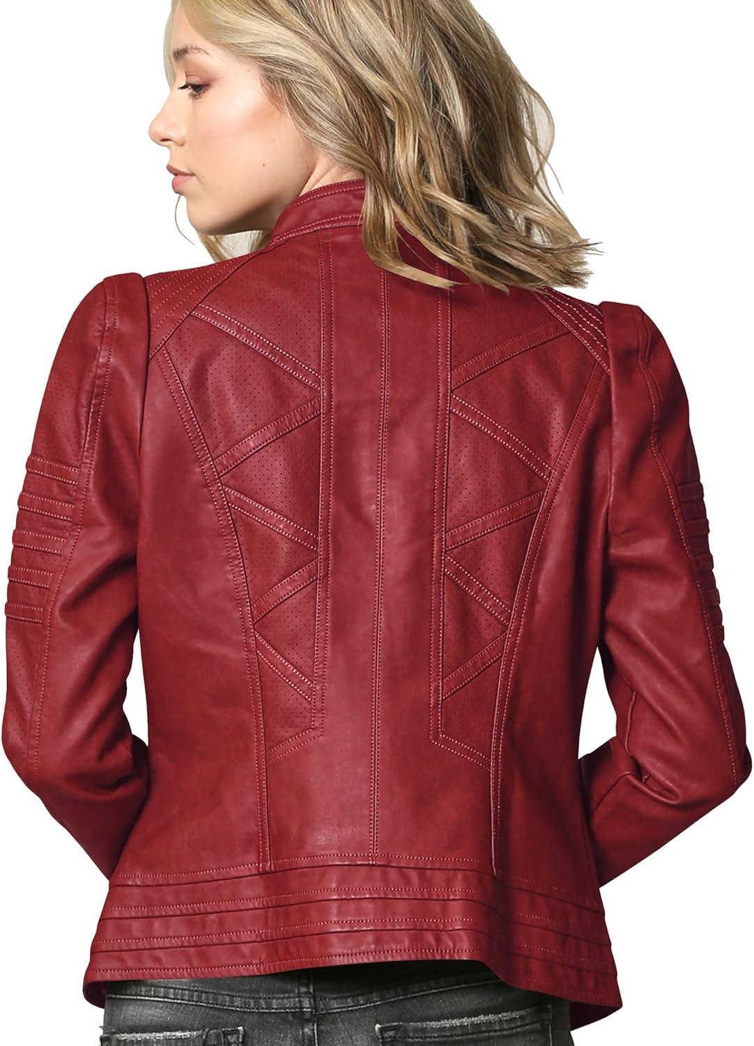 imageLock and Love Slim Fit Stylish Vegan Leather Moto Jacket for Women PU Biker Motorcycle CoatWjc746red