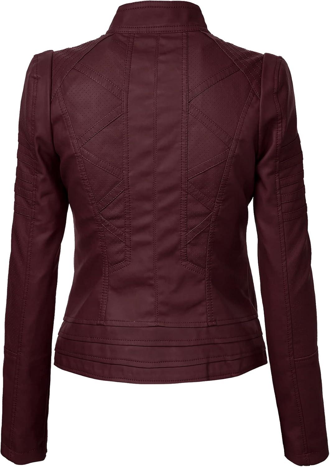 imageLock and Love Slim Fit Stylish Vegan Leather Moto Jacket for Women PU Biker Motorcycle CoatWjc746wine