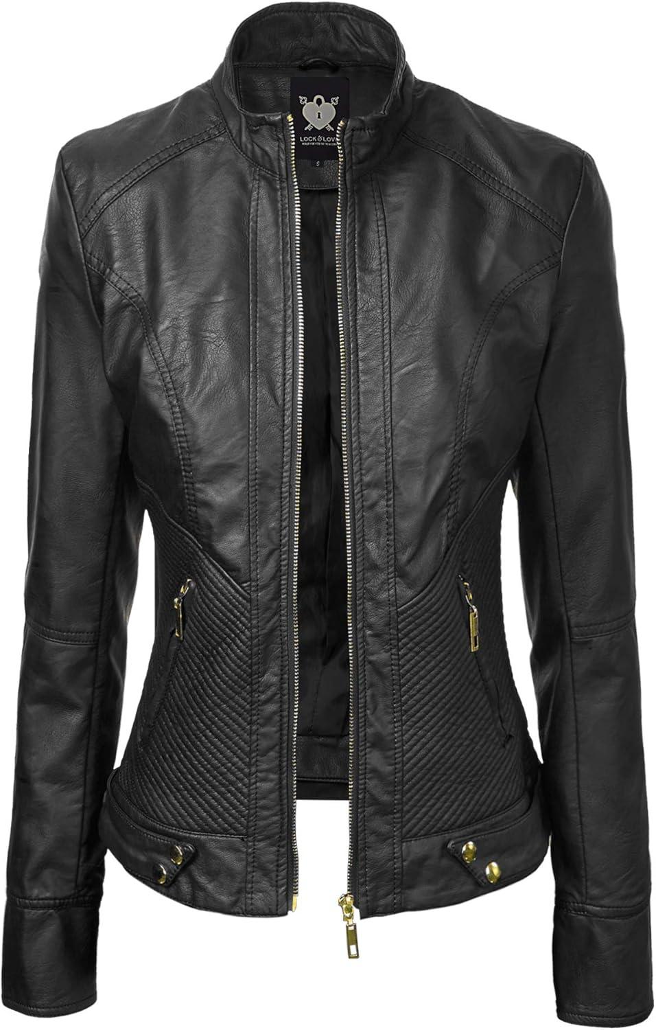 imageLock and Love Slim Fit Stylish Vegan Leather Moto Jacket for Women PU Biker Motorcycle CoatWjc747black