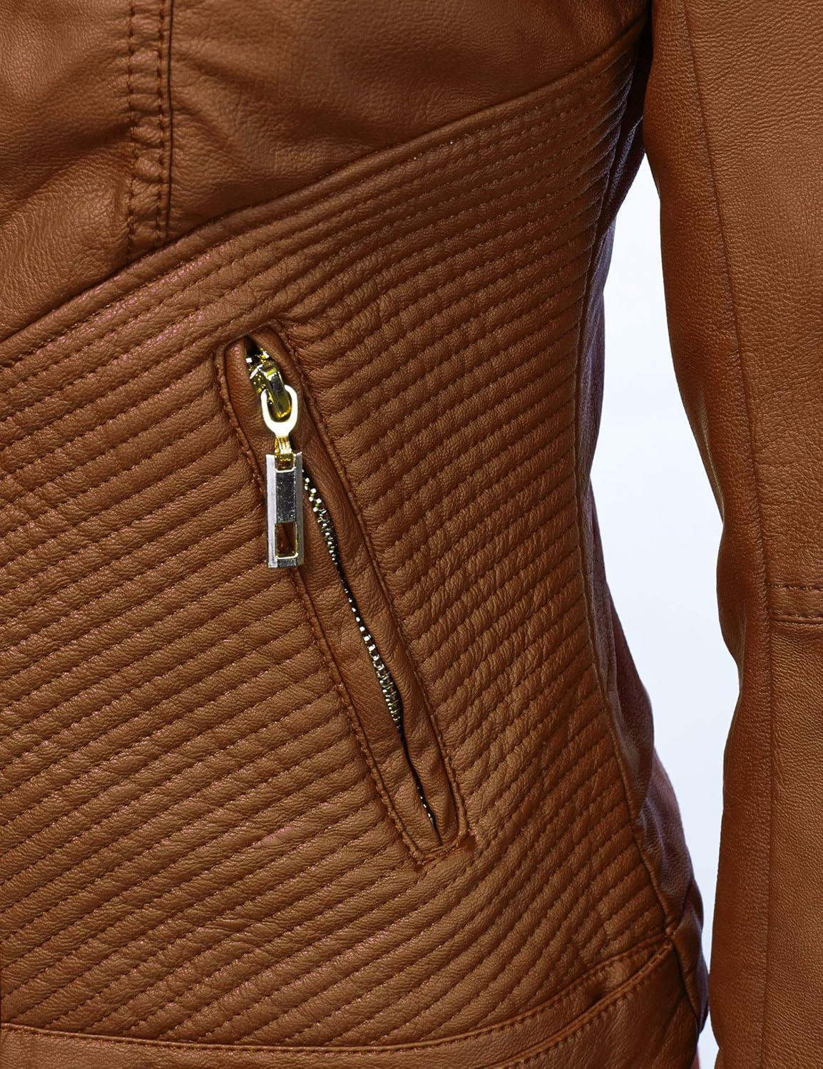 imageLock and Love Slim Fit Stylish Vegan Leather Moto Jacket for Women PU Biker Motorcycle CoatWjc747camel