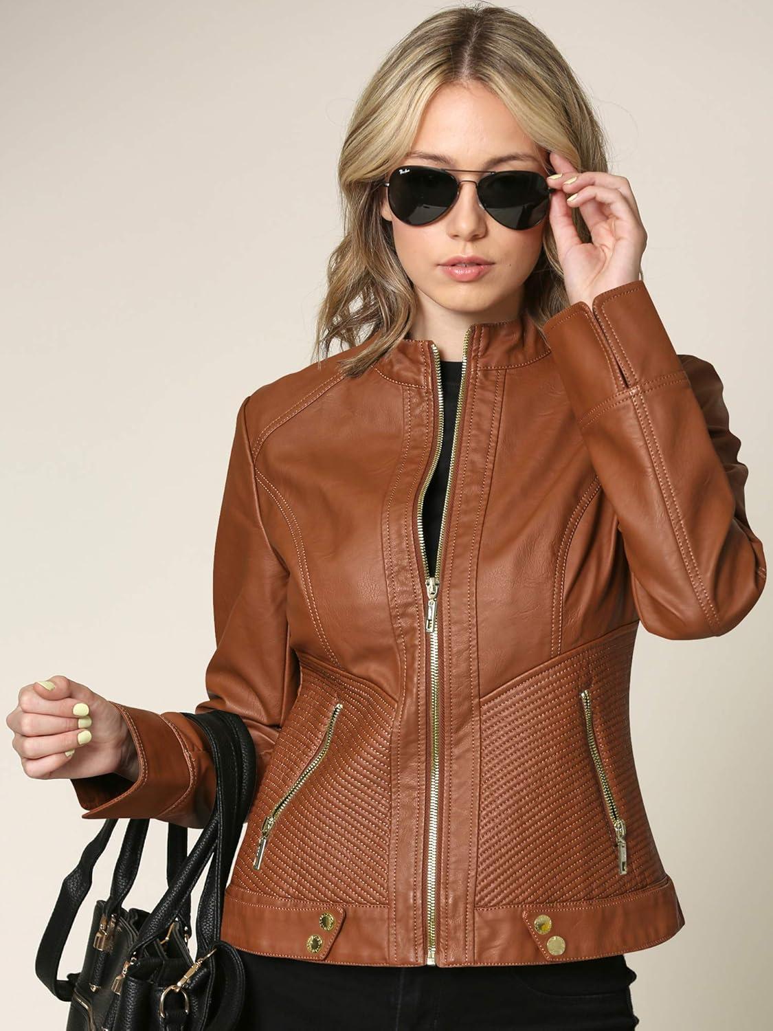 imageLock and Love Slim Fit Stylish Vegan Leather Moto Jacket for Women PU Biker Motorcycle CoatWjc747camel