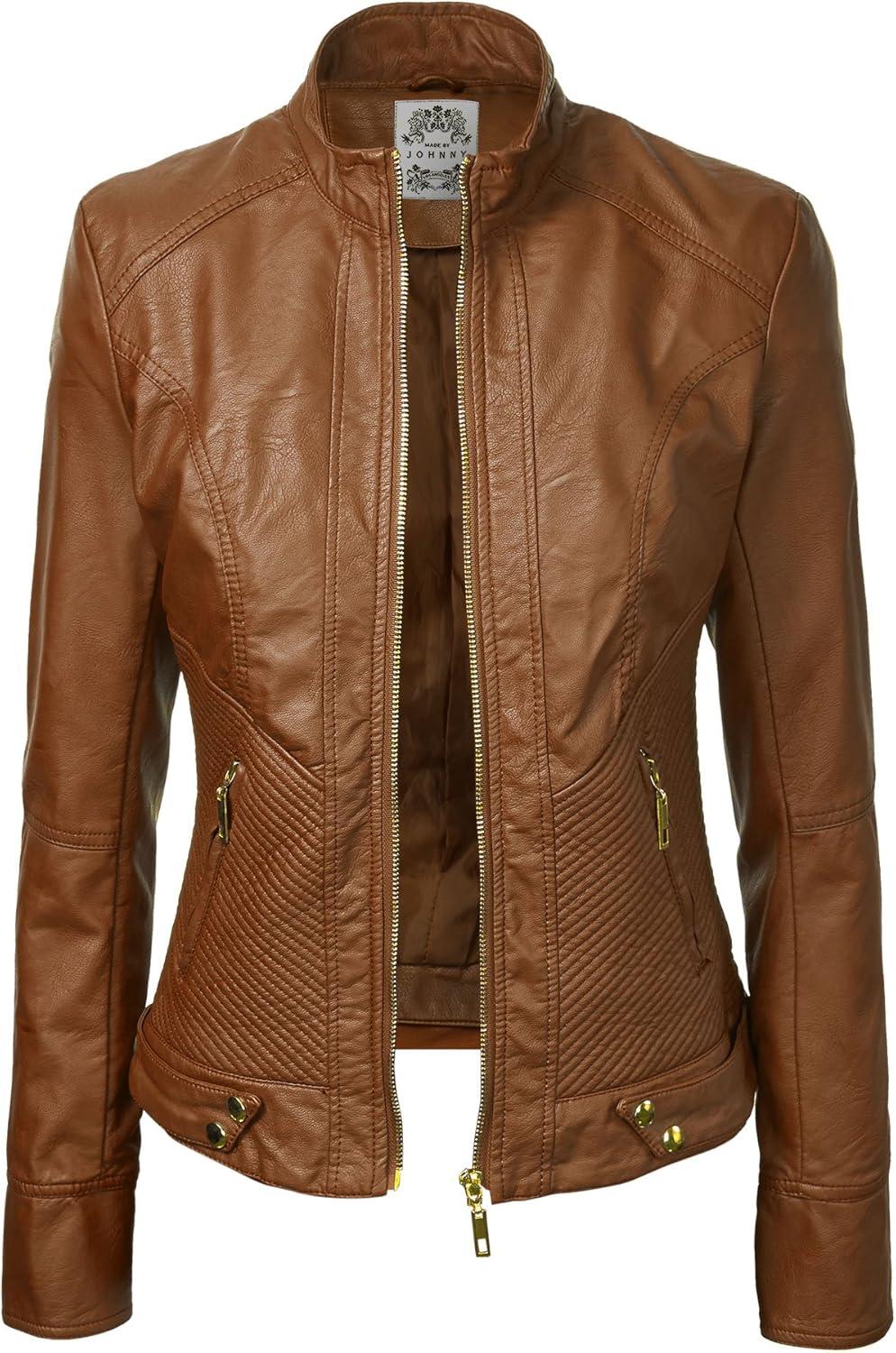 imageLock and Love Slim Fit Stylish Vegan Leather Moto Jacket for Women PU Biker Motorcycle CoatWjc747camel