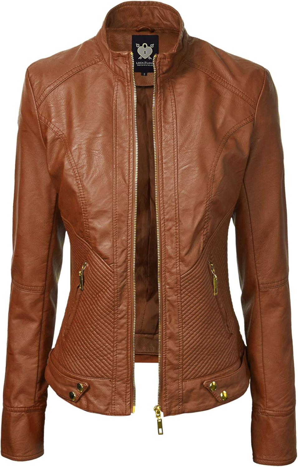 imageLock and Love Slim Fit Stylish Vegan Leather Moto Jacket for Women PU Biker Motorcycle CoatWjc747camel