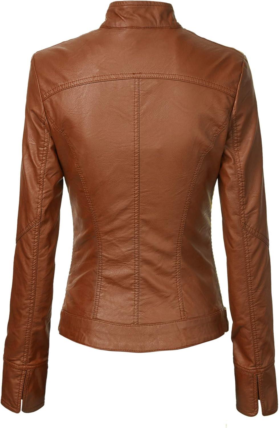 imageLock and Love Slim Fit Stylish Vegan Leather Moto Jacket for Women PU Biker Motorcycle CoatWjc747camel