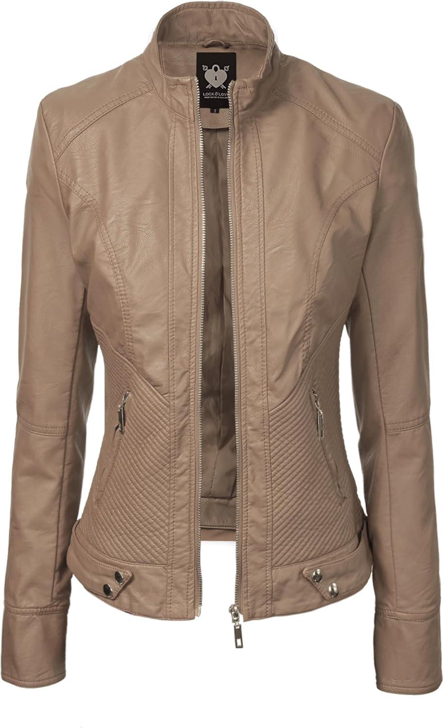 imageLock and Love Slim Fit Stylish Vegan Leather Moto Jacket for Women PU Biker Motorcycle CoatWjc747khaki