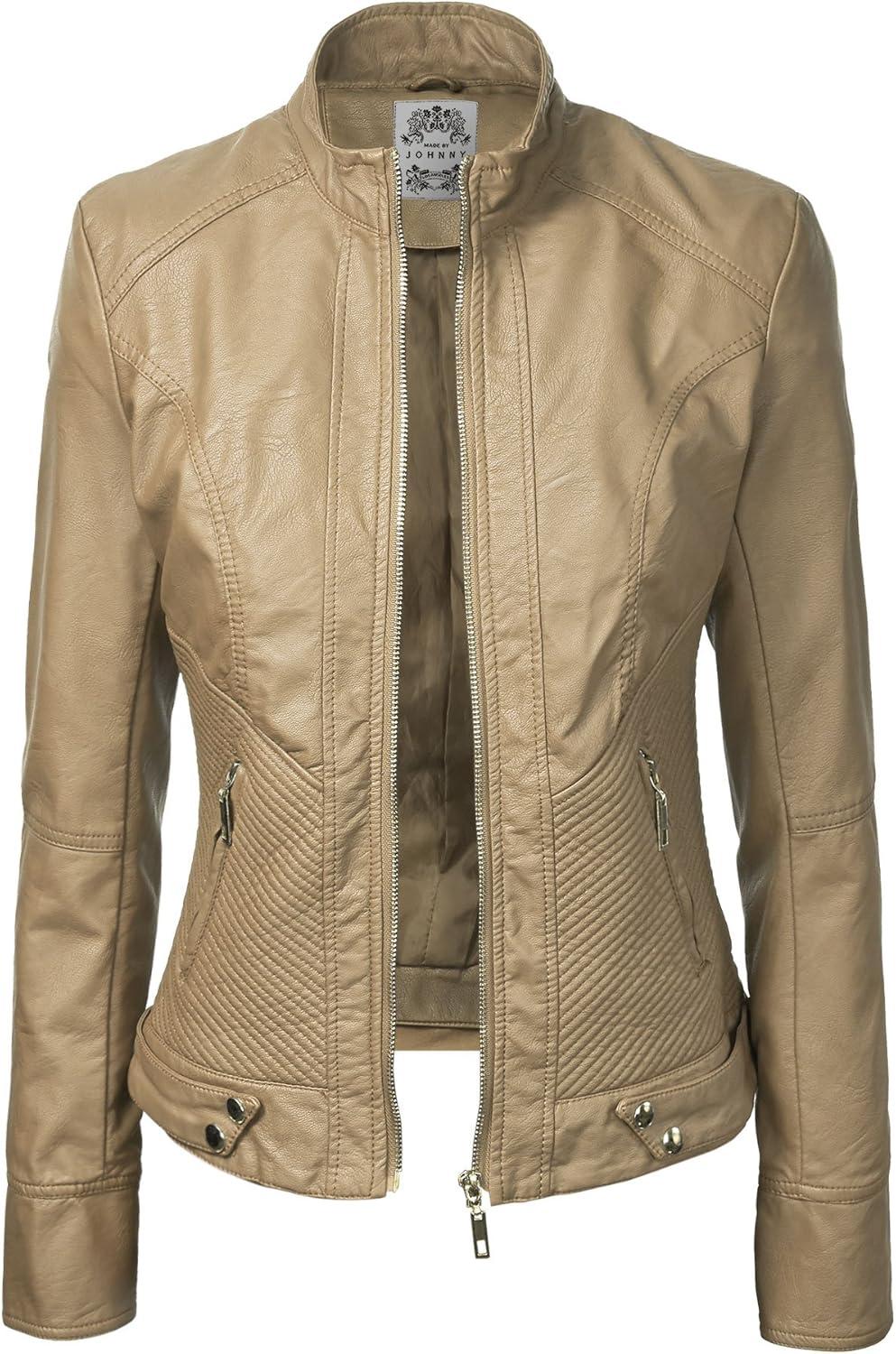 imageLock and Love Slim Fit Stylish Vegan Leather Moto Jacket for Women PU Biker Motorcycle CoatWjc747khaki