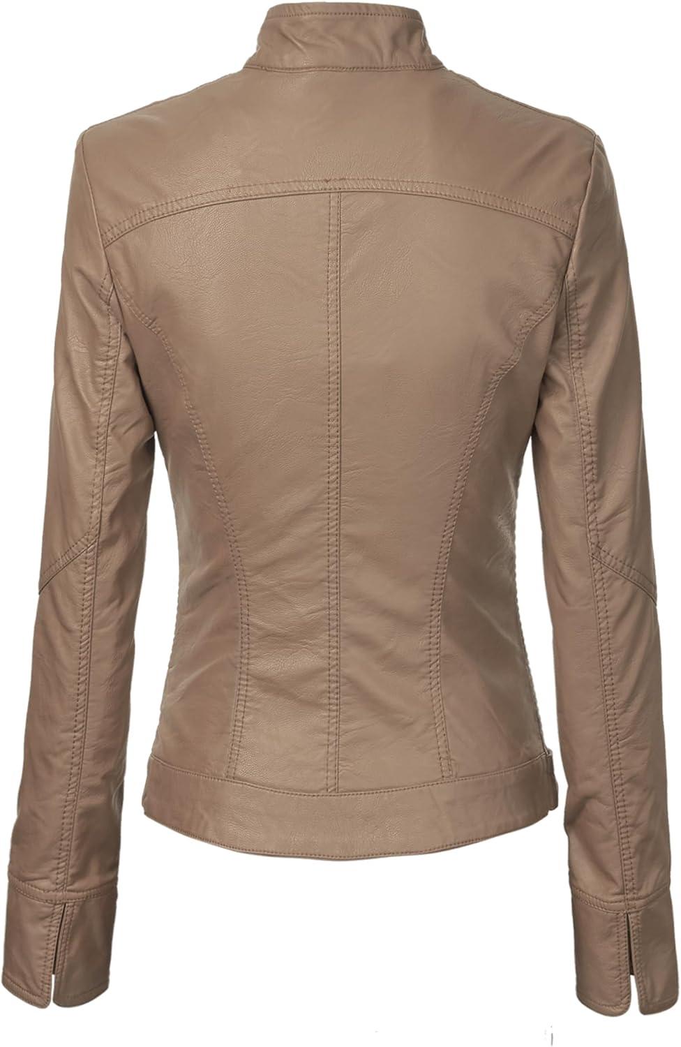 imageLock and Love Slim Fit Stylish Vegan Leather Moto Jacket for Women PU Biker Motorcycle CoatWjc747khaki