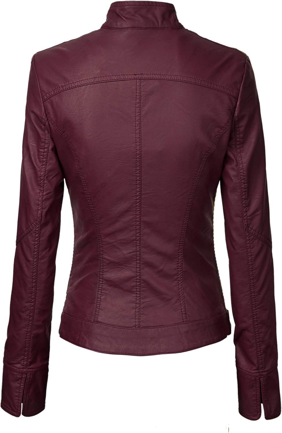 imageLock and Love Slim Fit Stylish Vegan Leather Moto Jacket for Women PU Biker Motorcycle CoatWjc747wine