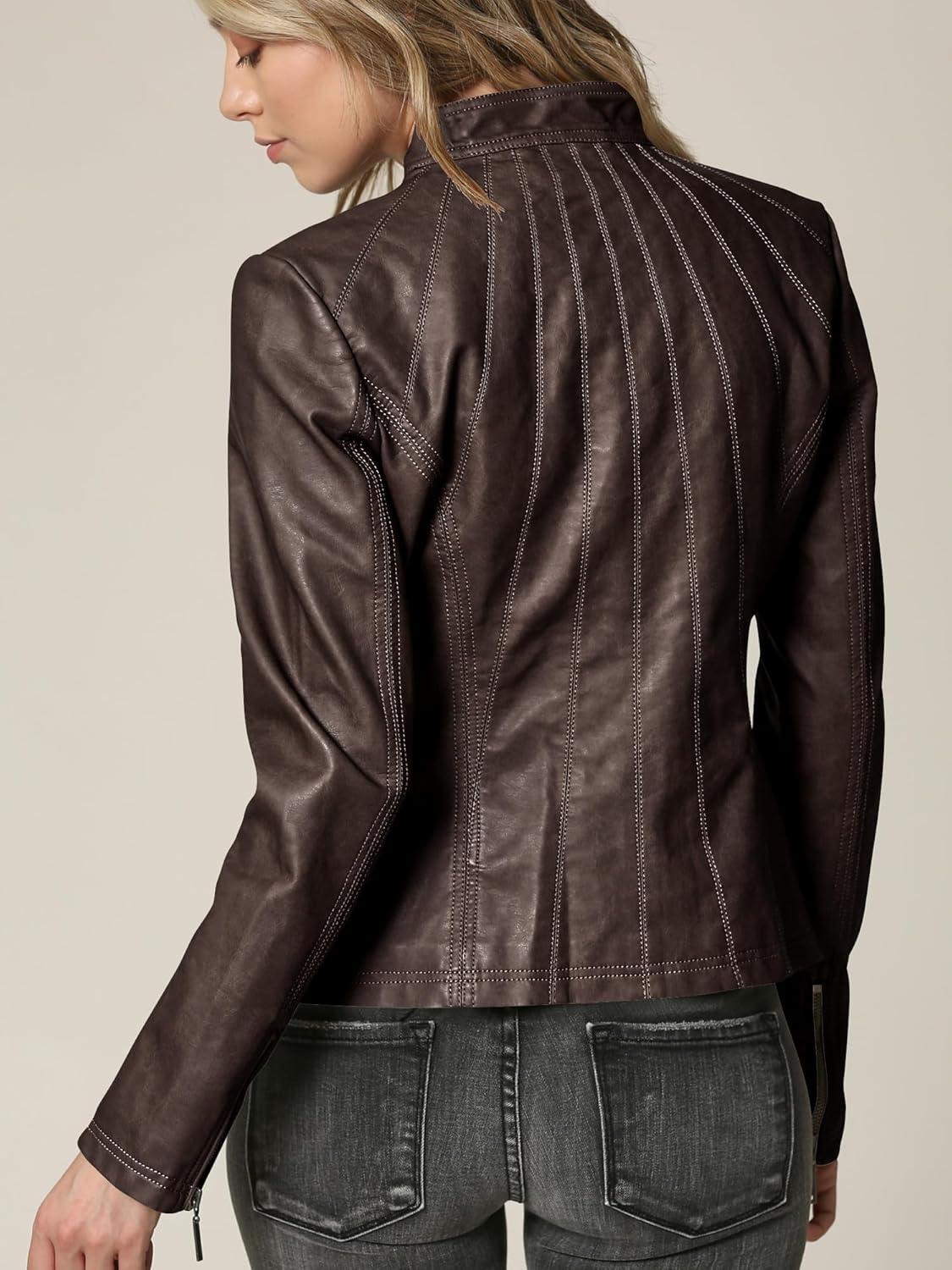 imageLock and Love Slim Fit Stylish Vegan Leather Moto Jacket for Women PU Biker Motorcycle CoatWjc877coffee