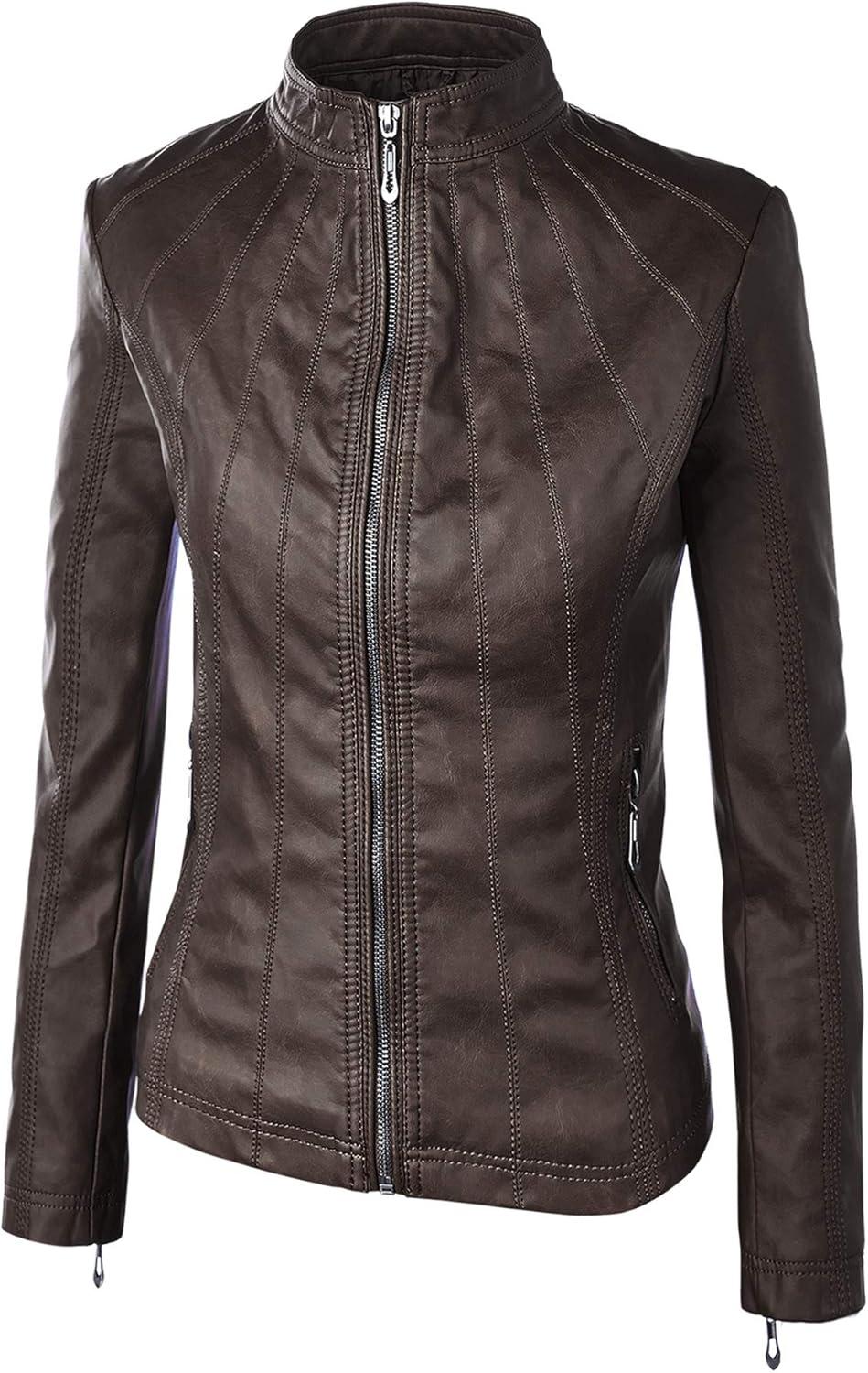 imageLock and Love Slim Fit Stylish Vegan Leather Moto Jacket for Women PU Biker Motorcycle CoatWjc877coffee