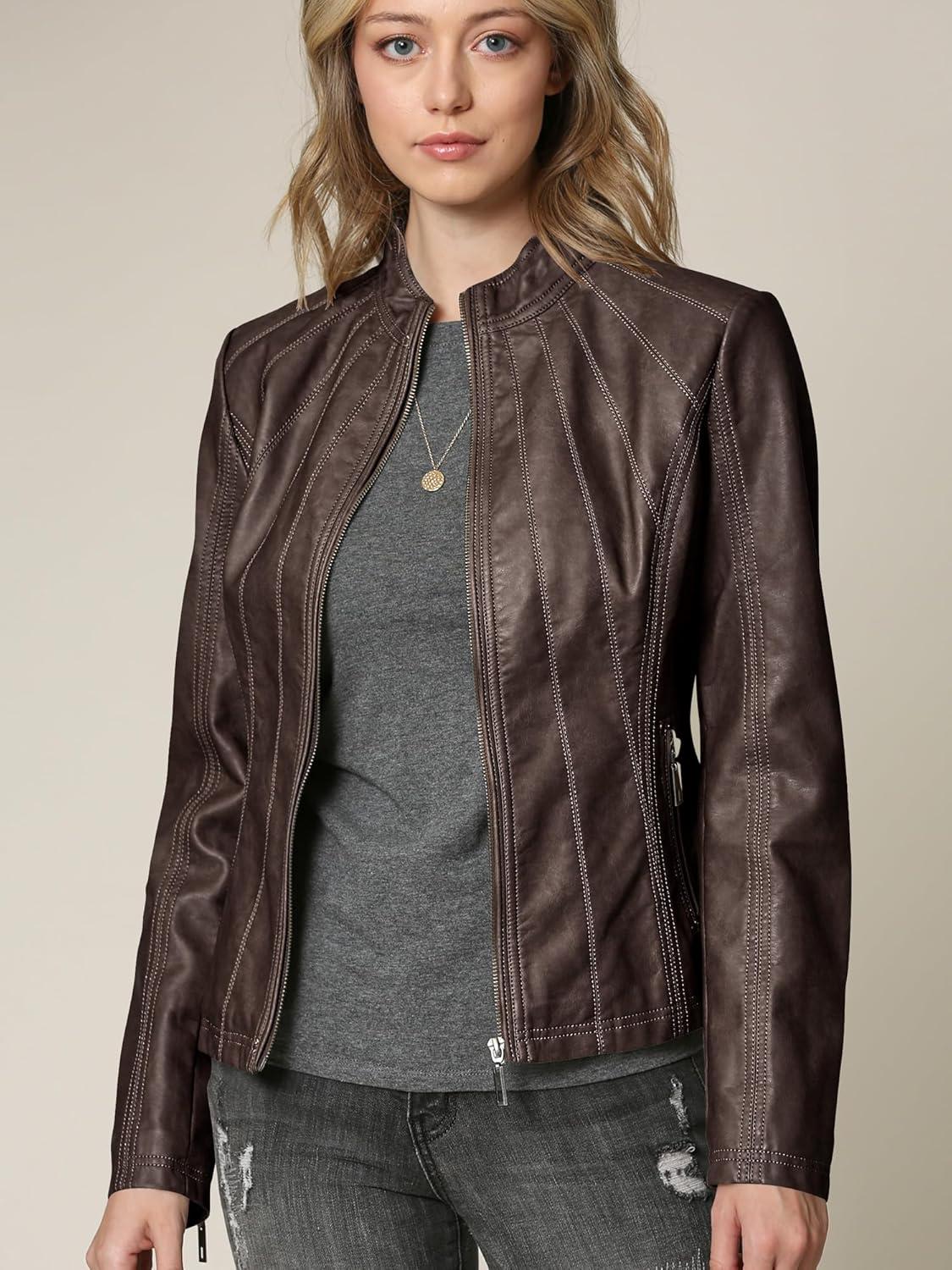 imageLock and Love Slim Fit Stylish Vegan Leather Moto Jacket for Women PU Biker Motorcycle CoatWjc877coffee