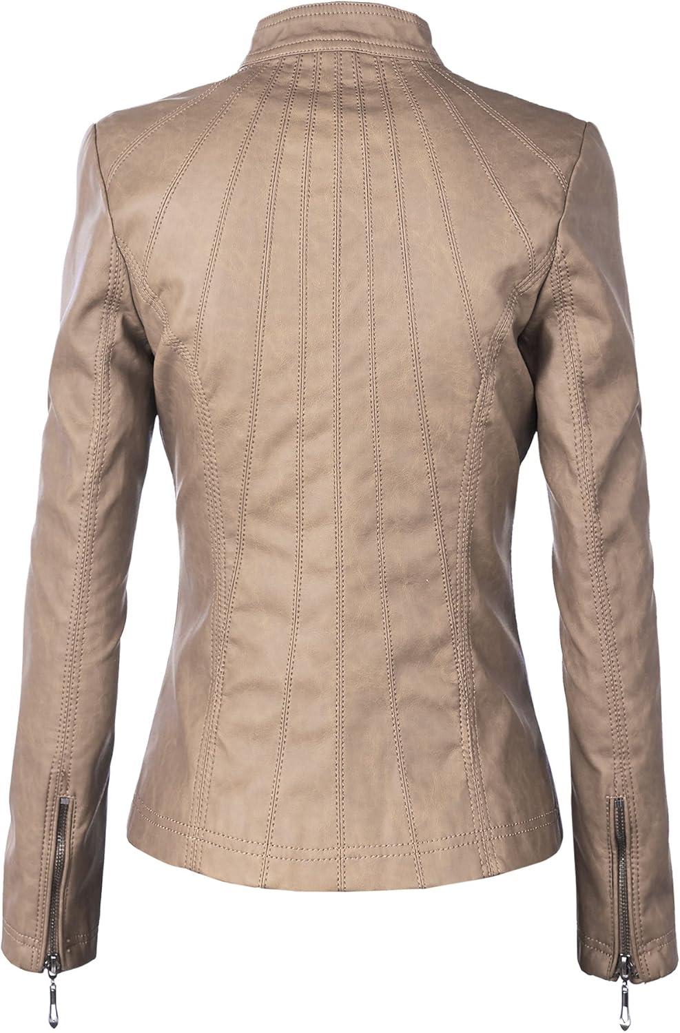imageLock and Love Slim Fit Stylish Vegan Leather Moto Jacket for Women PU Biker Motorcycle CoatWjc877khaki