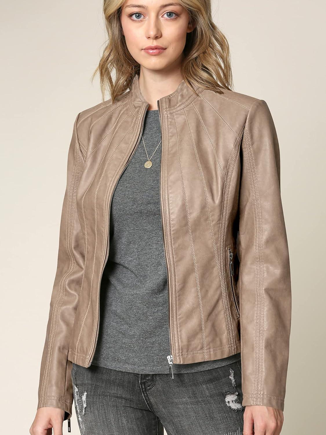 imageLock and Love Slim Fit Stylish Vegan Leather Moto Jacket for Women PU Biker Motorcycle CoatWjc877khaki