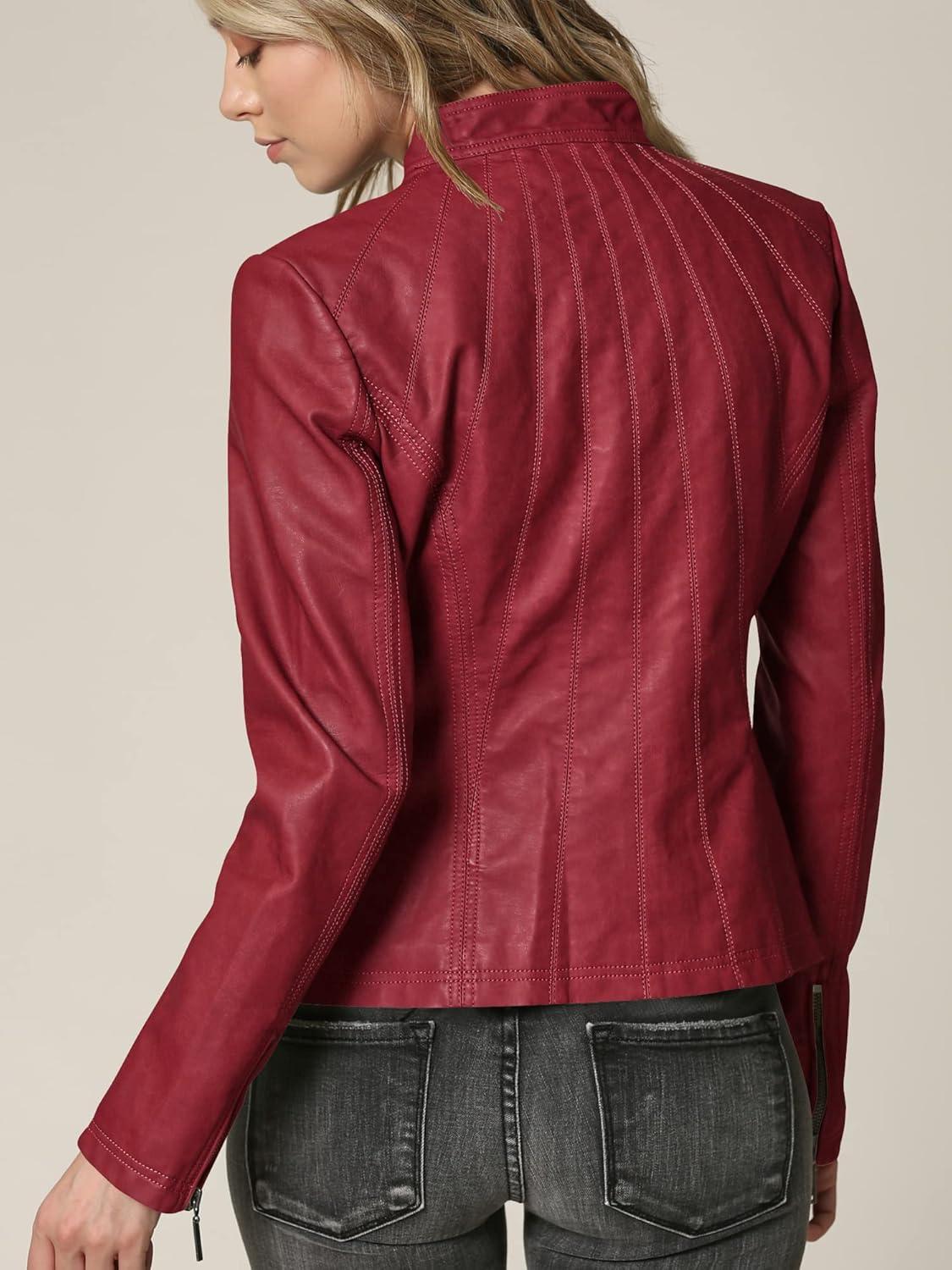 imageLock and Love Slim Fit Stylish Vegan Leather Moto Jacket for Women PU Biker Motorcycle CoatWjc877red