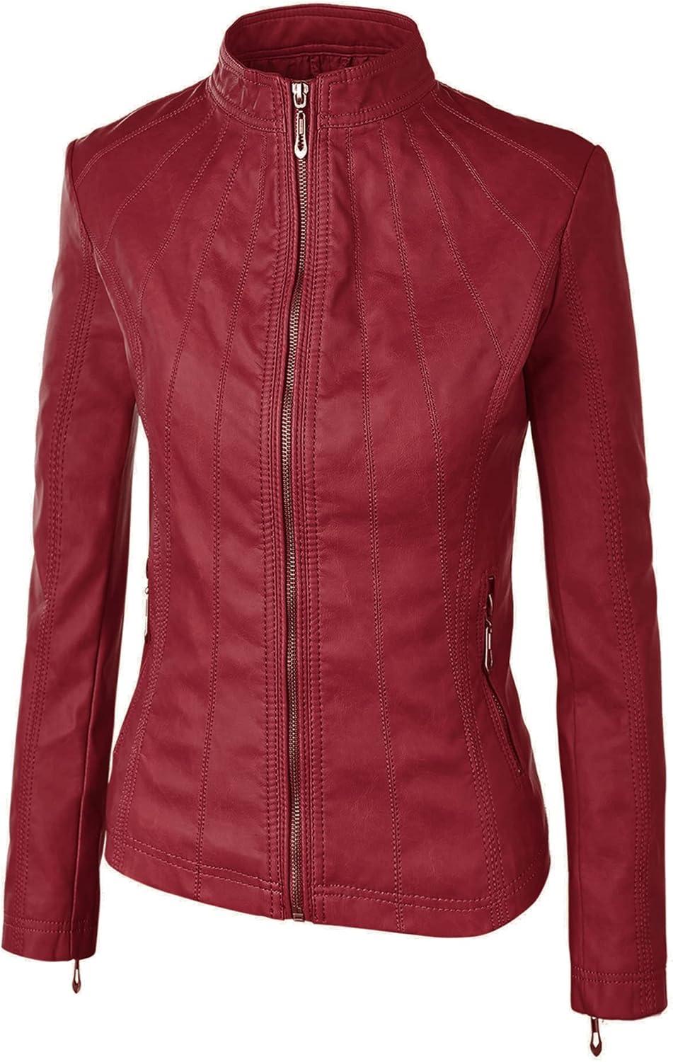 imageLock and Love Slim Fit Stylish Vegan Leather Moto Jacket for Women PU Biker Motorcycle CoatWjc877red
