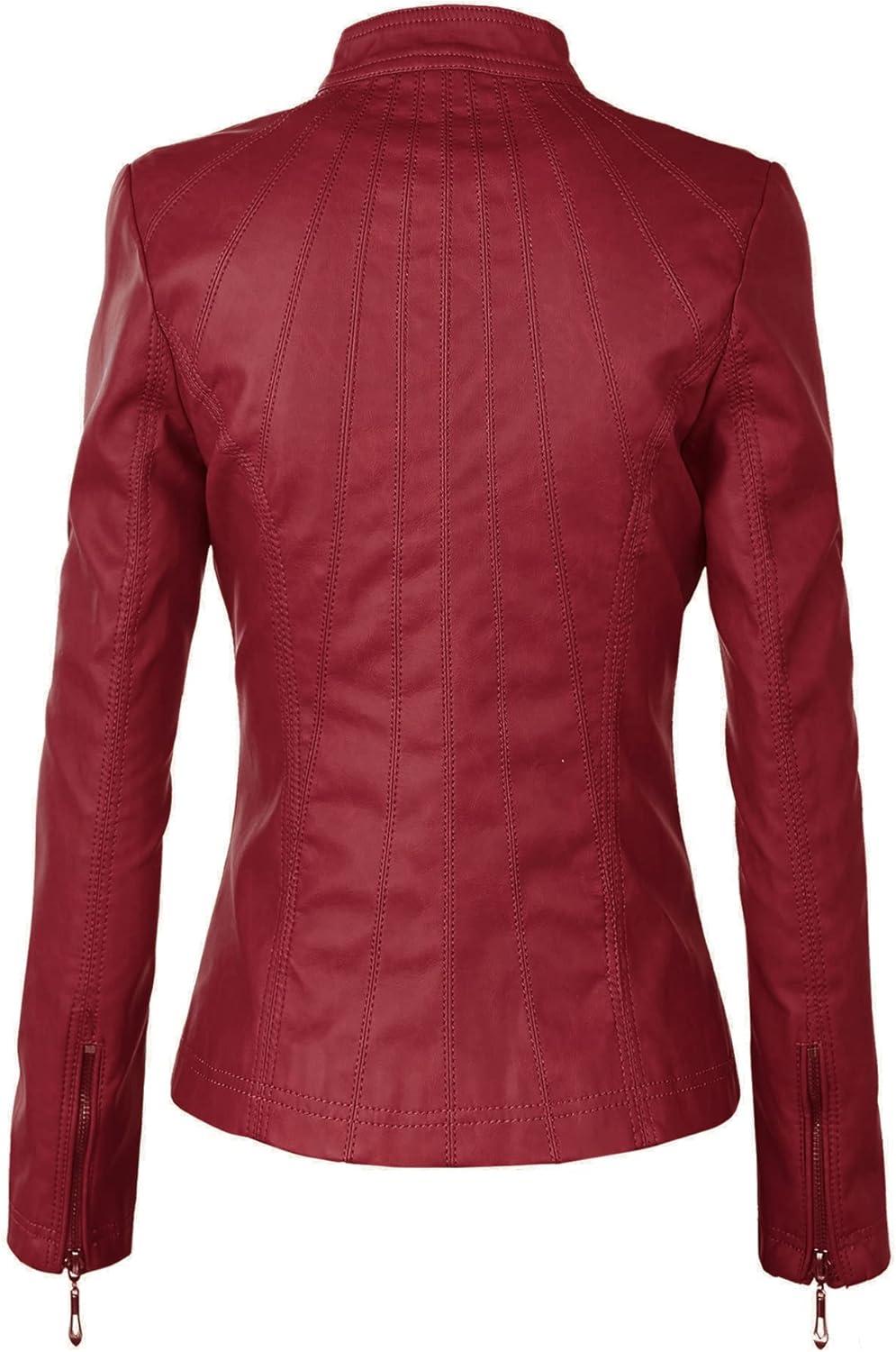 imageLock and Love Slim Fit Stylish Vegan Leather Moto Jacket for Women PU Biker Motorcycle CoatWjc877red