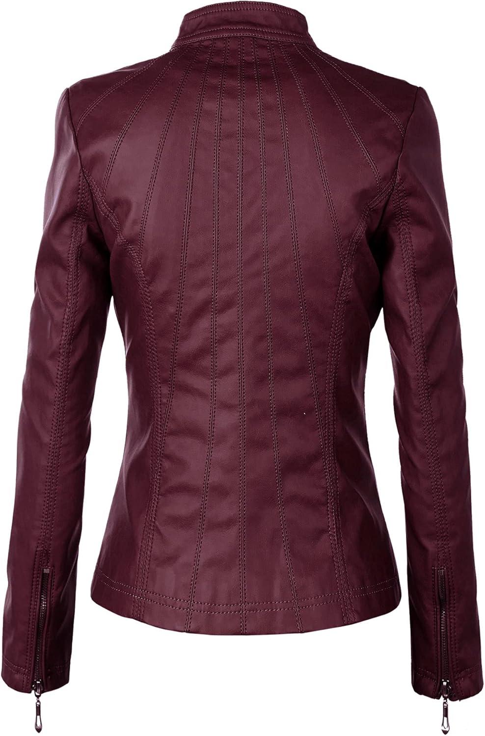 imageLock and Love Slim Fit Stylish Vegan Leather Moto Jacket for Women PU Biker Motorcycle CoatWjc877wine