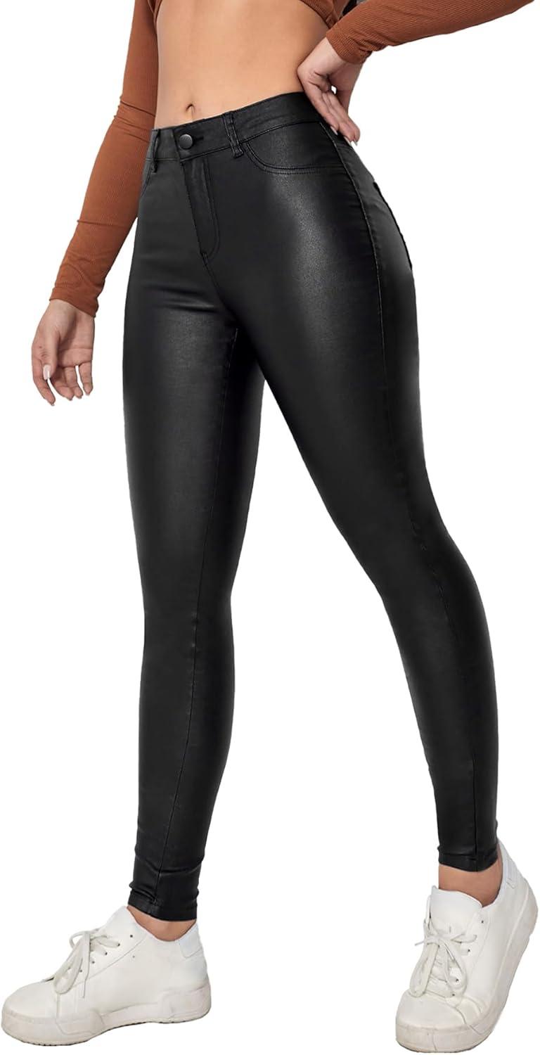 imageLover Premium Faux Leather Stretchy Skinny Jeggings Coated Faux Leather Legging Pants Mid Waisted with PocketsBlack