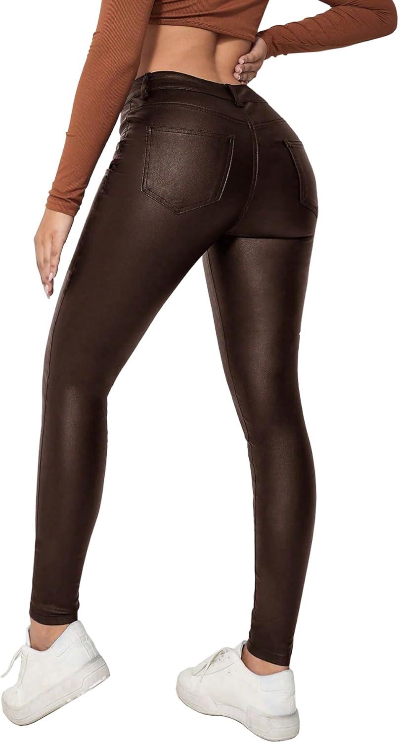 imageLover Premium Faux Leather Stretchy Skinny Jeggings Coated Faux Leather Legging Pants Mid Waisted with PocketsChocolate