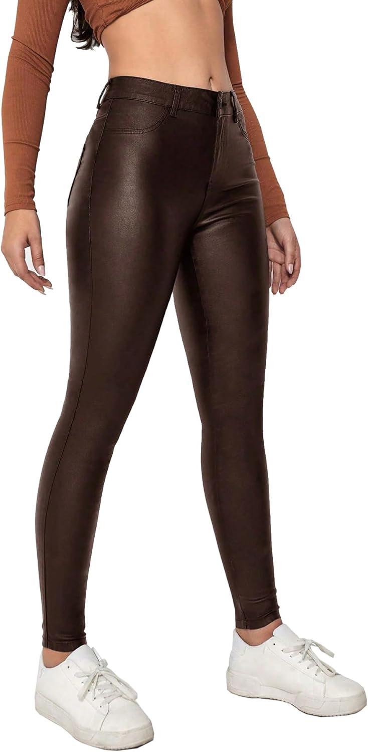 imageLover Premium Faux Leather Stretchy Skinny Jeggings Coated Faux Leather Legging Pants Mid Waisted with PocketsChocolate