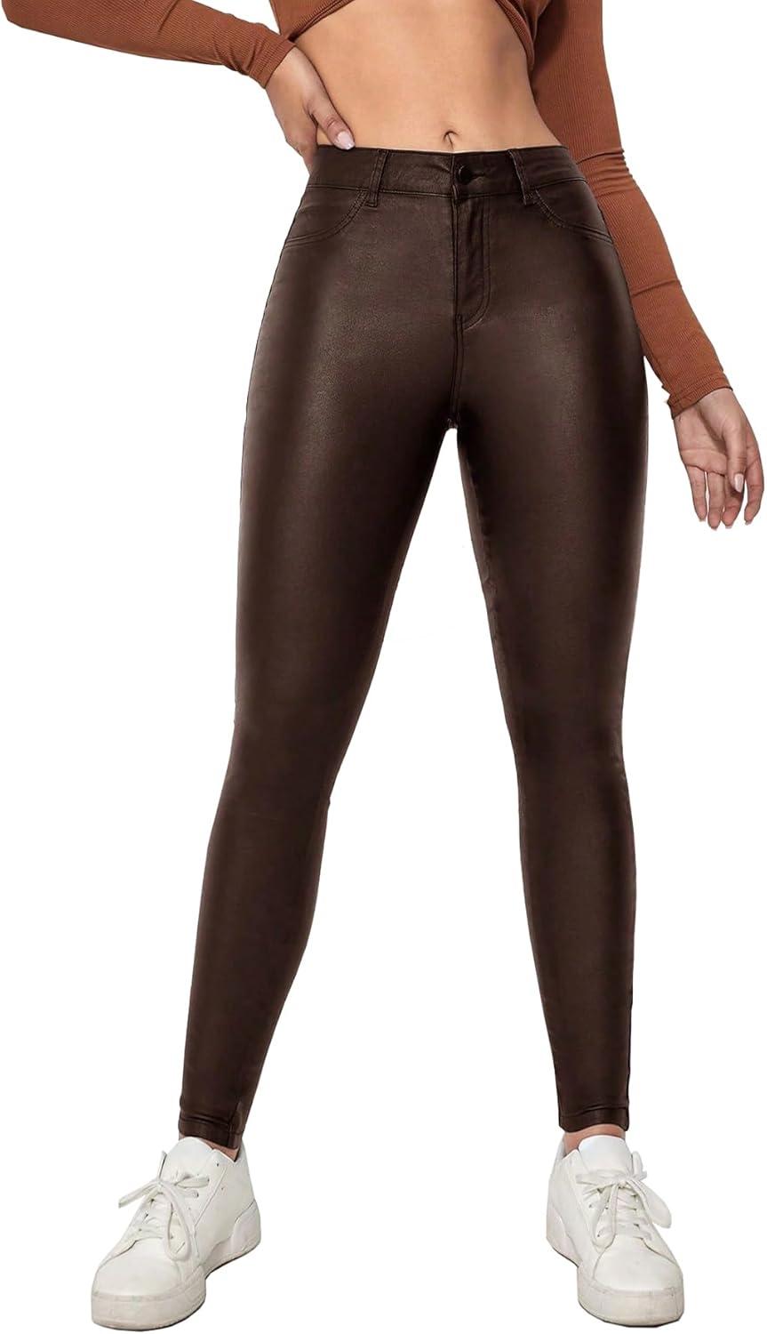 imageLover Premium Faux Leather Stretchy Skinny Jeggings Coated Faux Leather Legging Pants Mid Waisted with PocketsChocolate