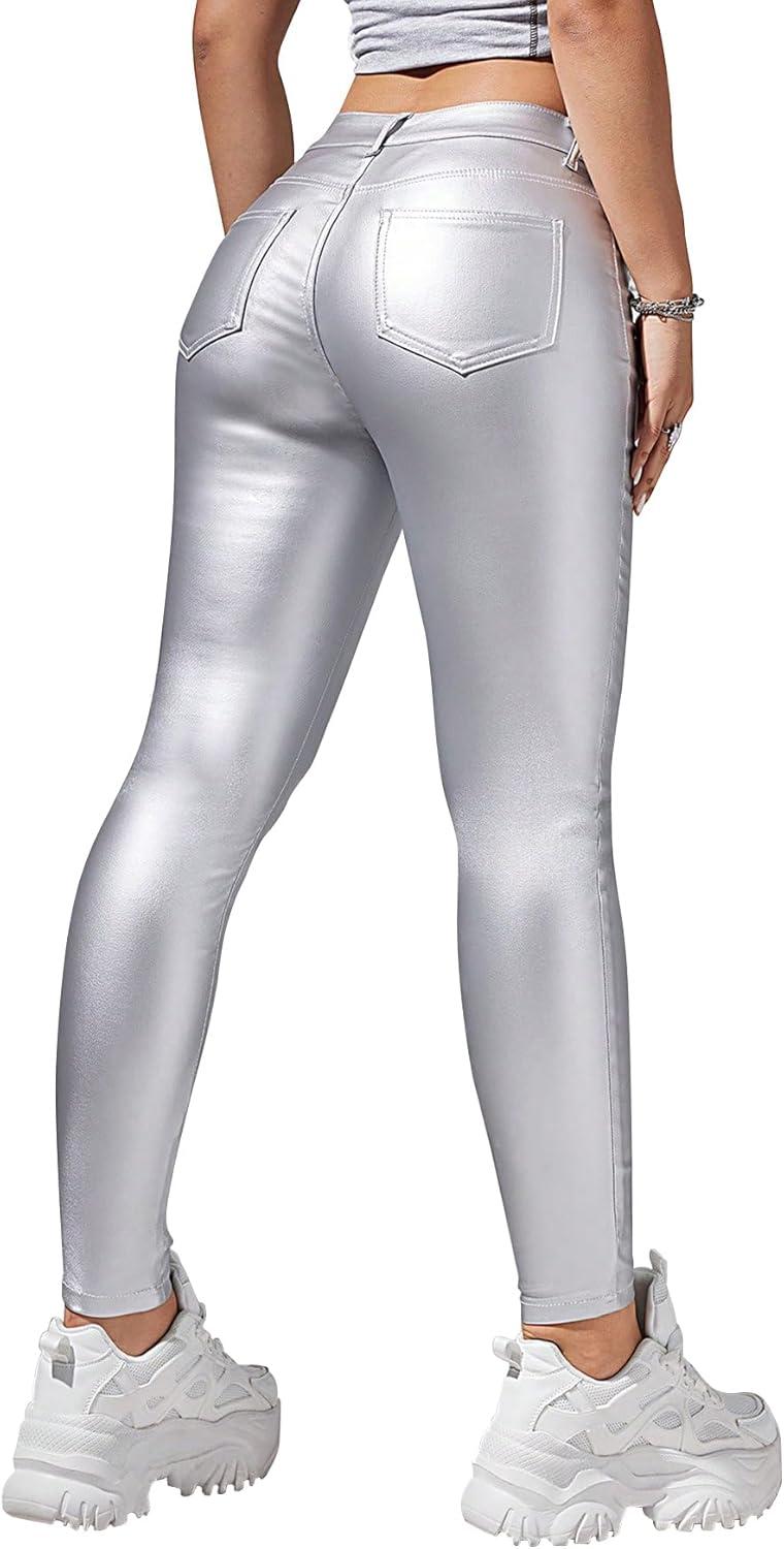 imageLover Premium Faux Leather Stretchy Skinny Jeggings Coated Faux Leather Legging Pants Mid Waisted with PocketsSilver