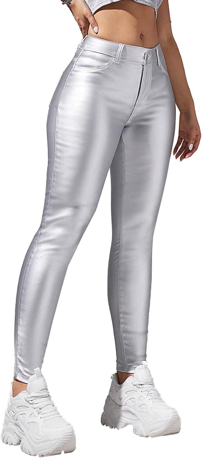 imageLover Premium Faux Leather Stretchy Skinny Jeggings Coated Faux Leather Legging Pants Mid Waisted with PocketsSilver