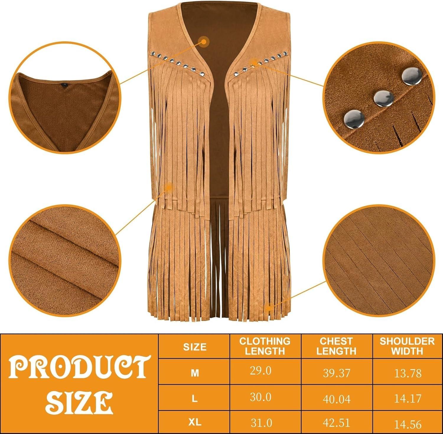 imageMAKCNMYM Tassel Vest for Women 70s Hippie Faux Suede Sleeveless Fringe Rivets Jacket with Cowboy Hat and Leather Necklace