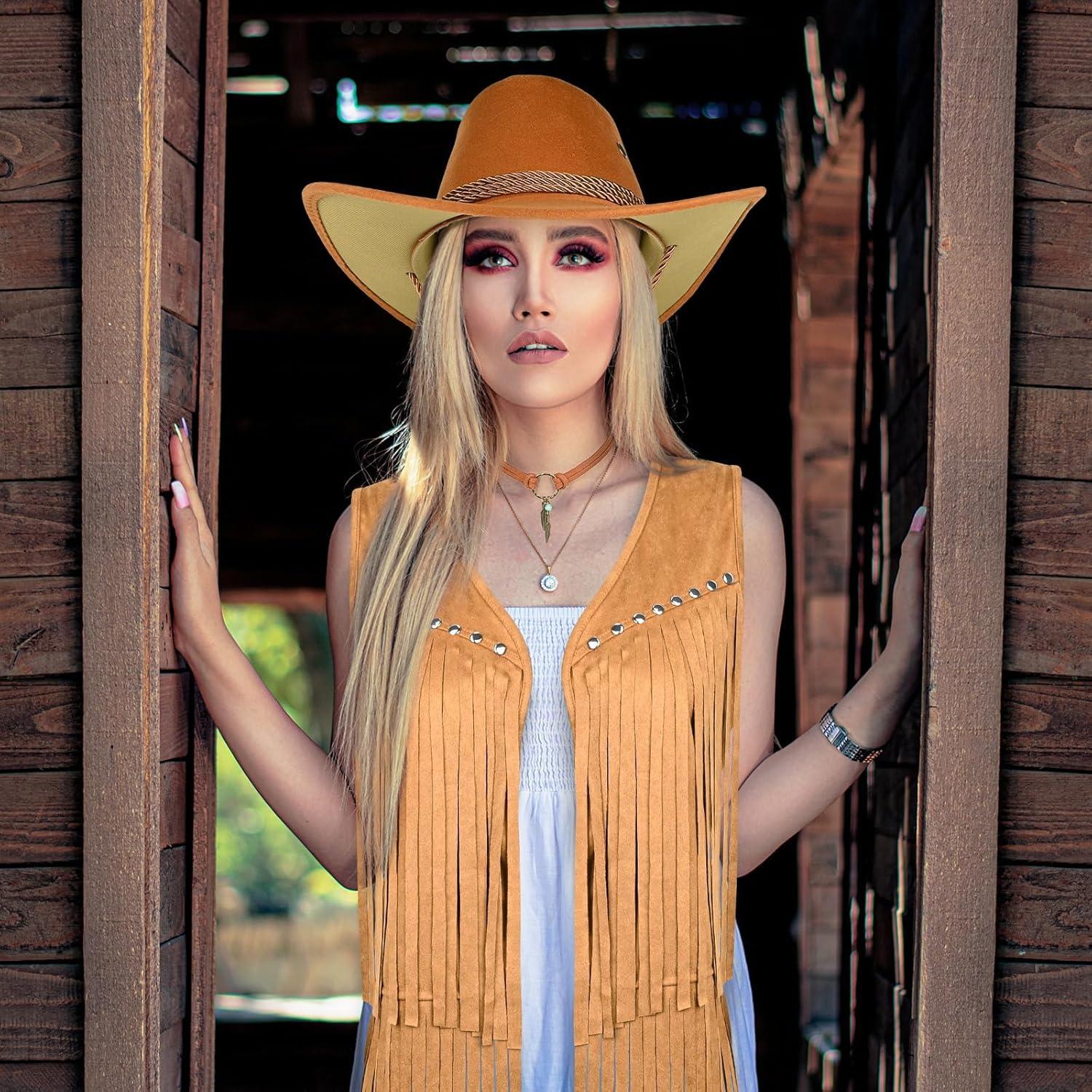 imageMAKCNMYM Tassel Vest for Women 70s Hippie Faux Suede Sleeveless Fringe Rivets Jacket with Cowboy Hat and Leather Necklace