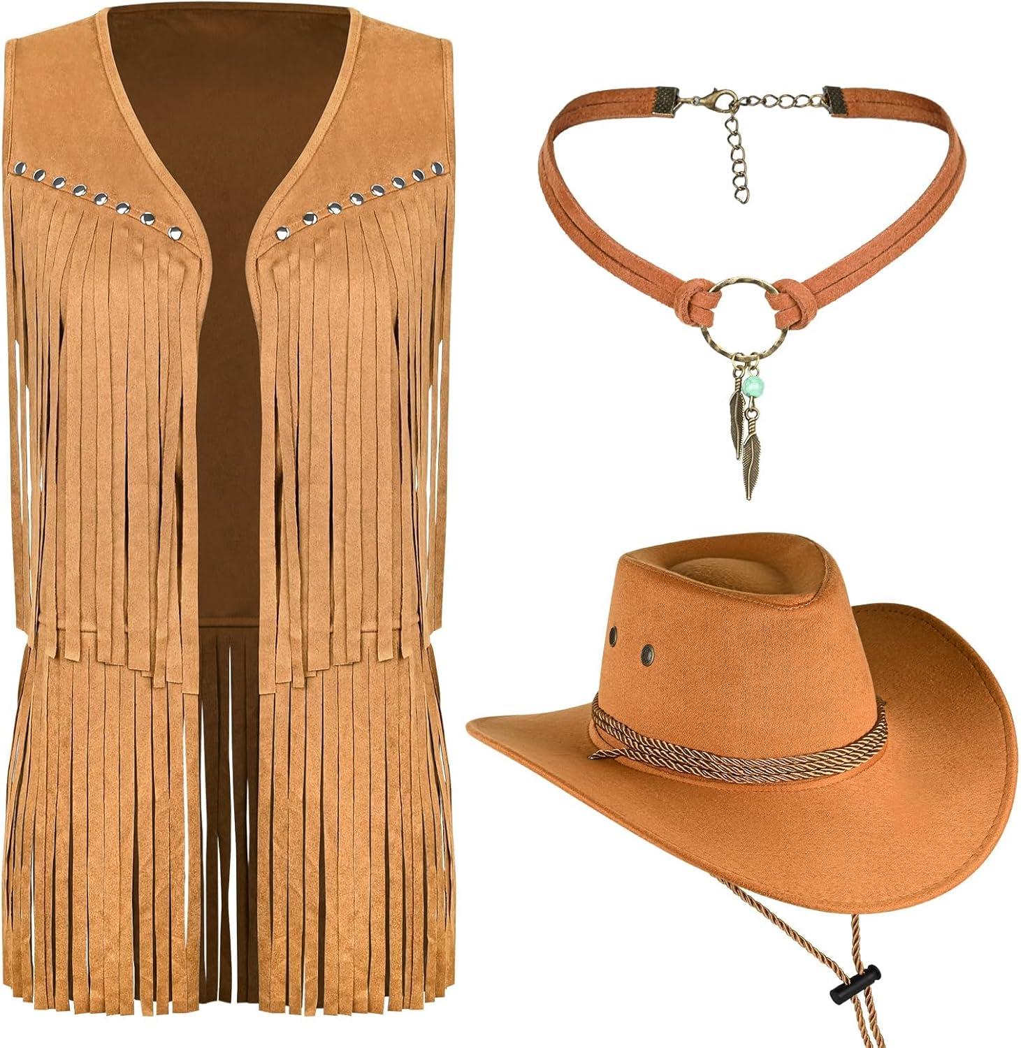 imageMAKCNMYM Tassel Vest for Women 70s Hippie Faux Suede Sleeveless Fringe Rivets Jacket with Cowboy Hat and Leather Necklace