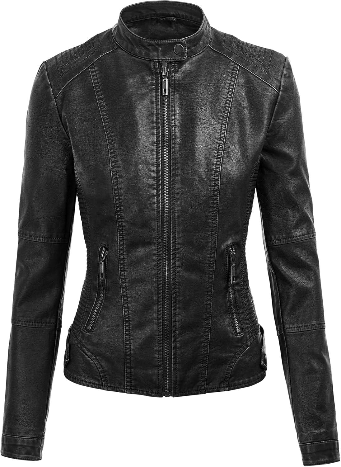 imageMade By Johnny Faux Leather Jacket Women Motorcycle Coat for Biker with Removable HoodWjc1044black