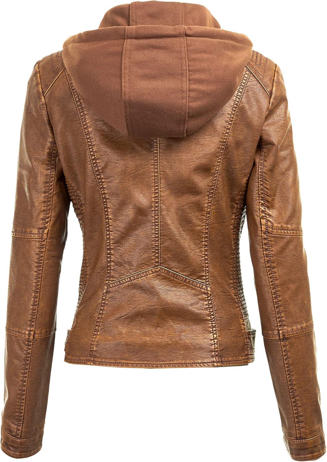 imageMade By Johnny Faux Leather Jacket Women Motorcycle Coat for Biker with Removable HoodWjc1044camel