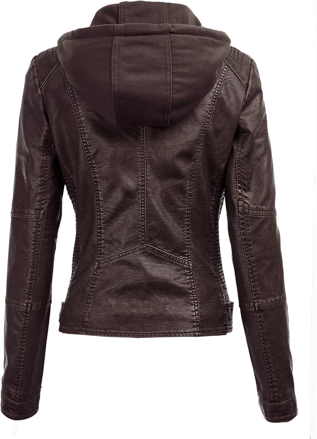 imageMade By Johnny Faux Leather Jacket Women Motorcycle Coat for Biker with Removable HoodWjc1044coffee
