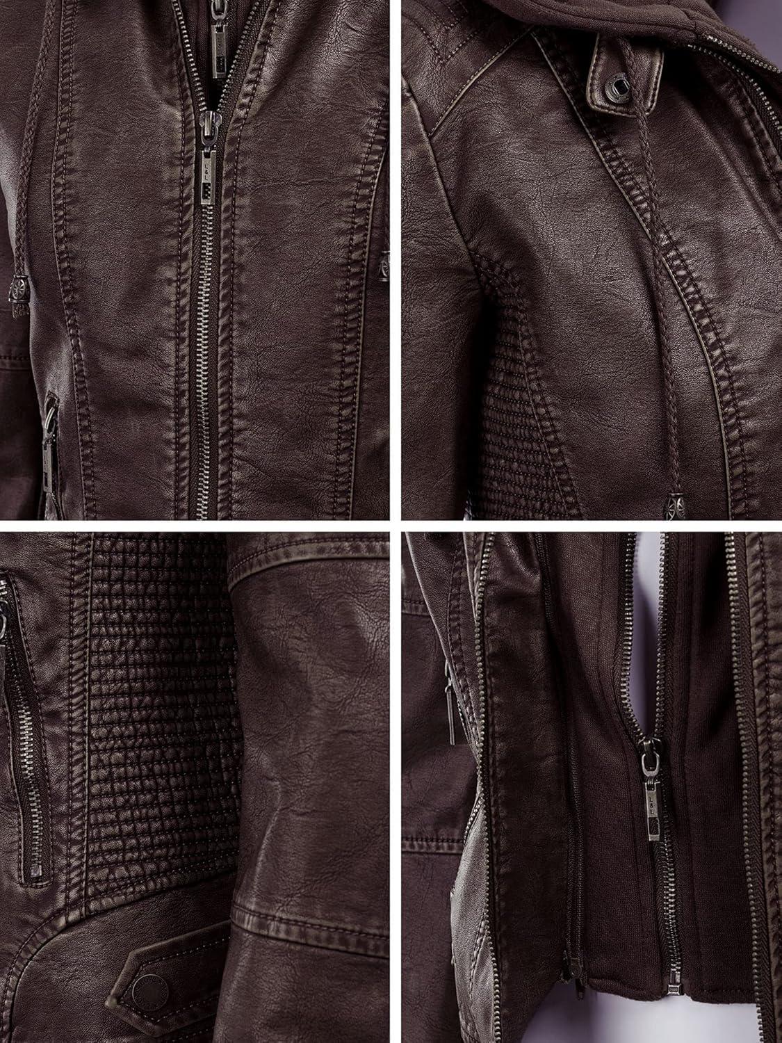 imageMade By Johnny Faux Leather Jacket Women Motorcycle Coat for Biker with Removable HoodWjc1044coffee